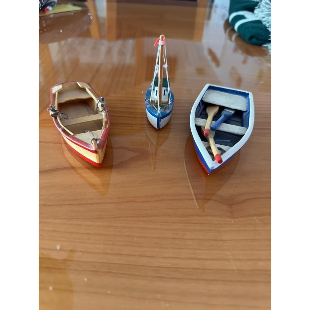 Set of 3 Miniature Wooden Boats Nautical Coastal Decor Rowboat Sailboat Oars